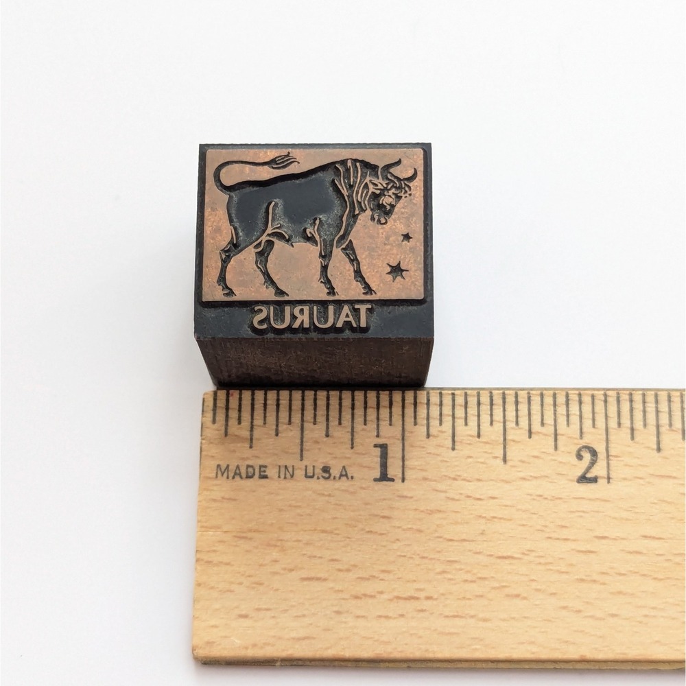 Vintage Metal & Wood Letterpress Printing Block Pisces Taurus Astrology Bull - Picture 3 of 4